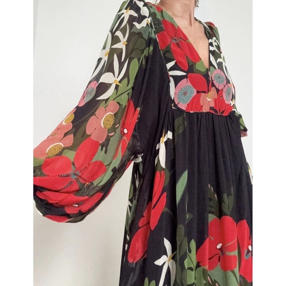 FARM Rio Dresses & Skirts - FARM RIO Anthropologie Floral Maxi Dress Black Red Long Sleeve XS